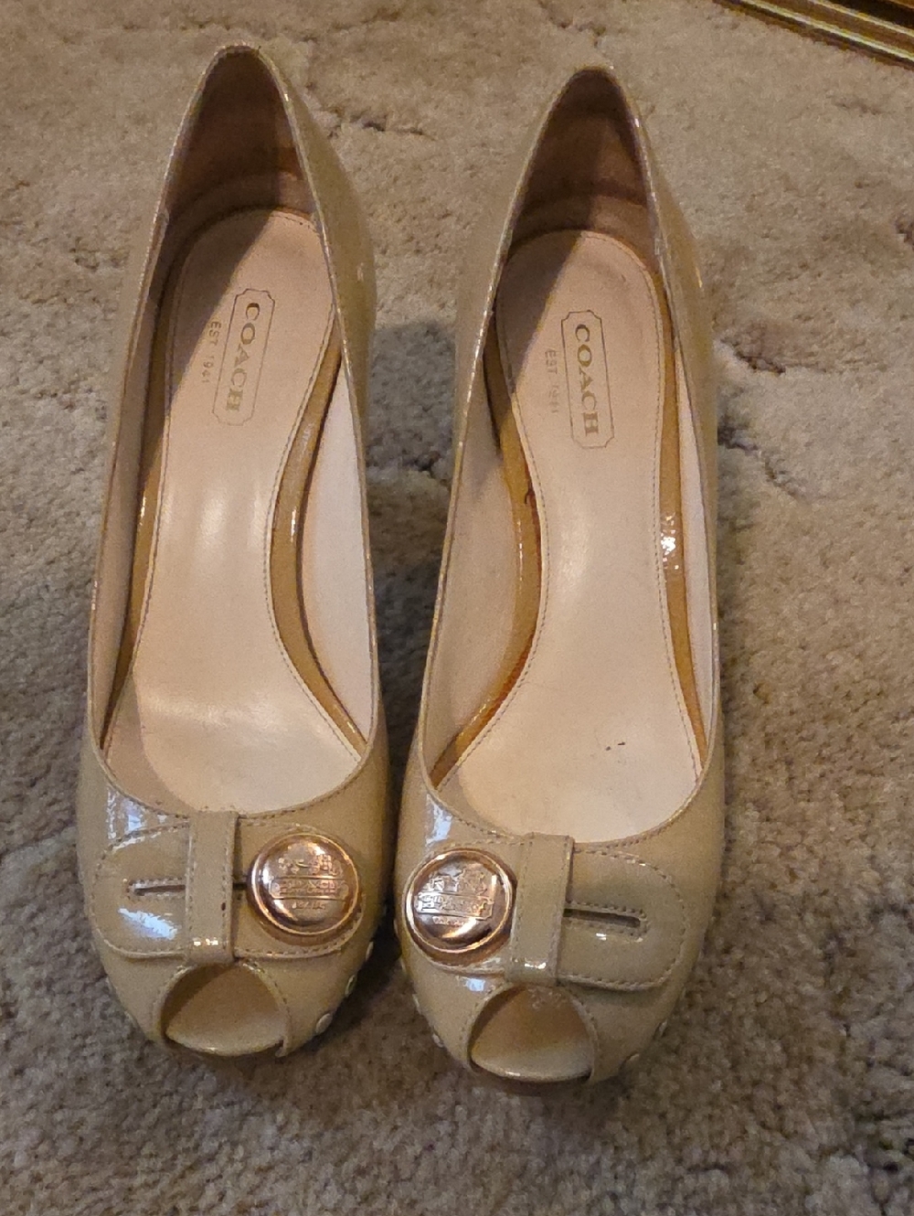Coach Beige Patent Leather Peep-Toe Pumps with Gold Accent